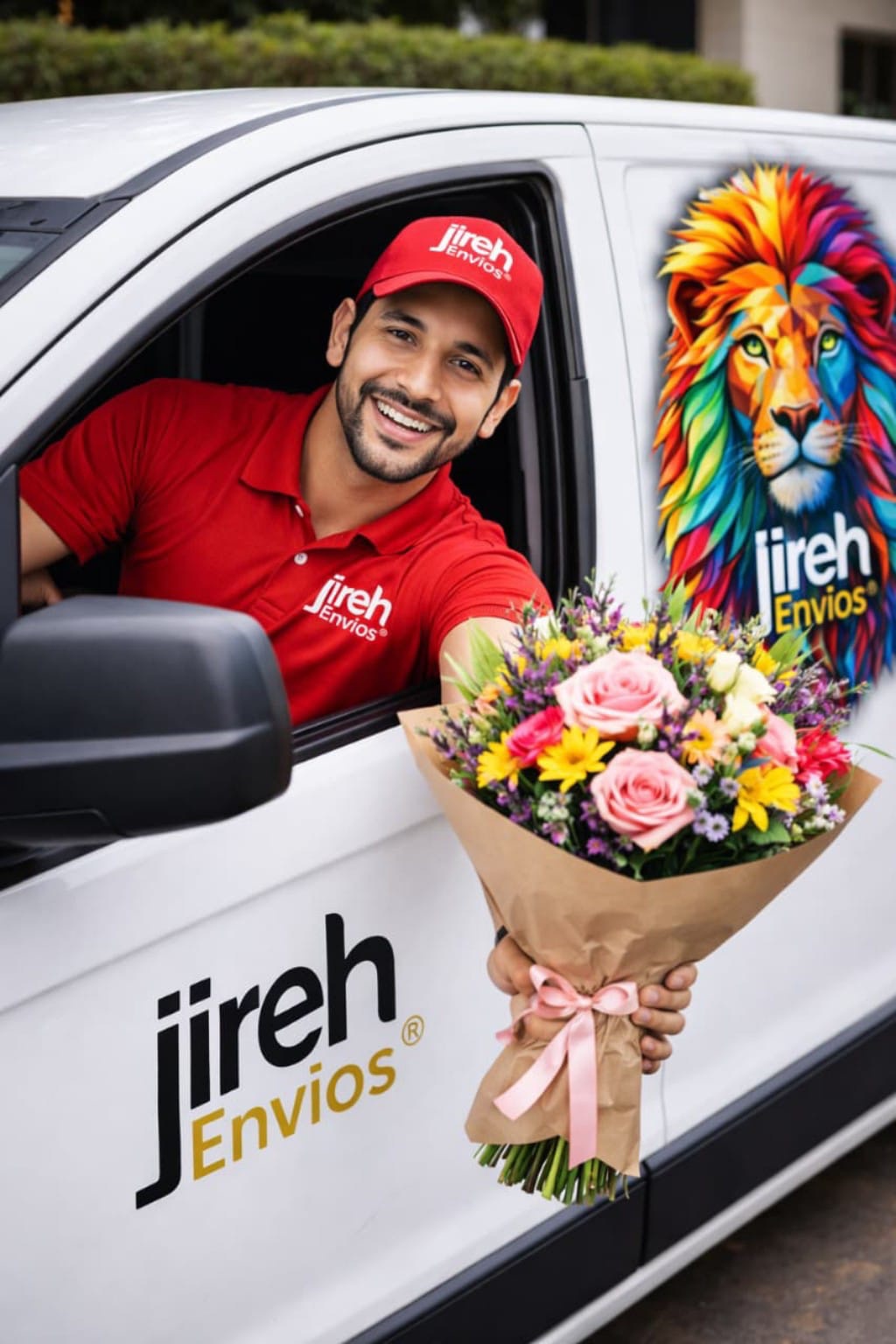 Repartidor de Jireh Envíos realizando entrega floral
